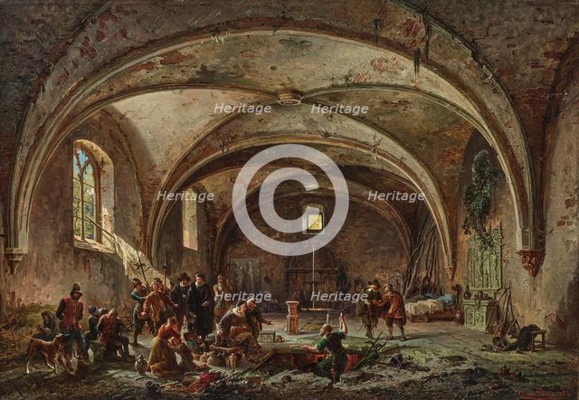 Finding of a gang of thieves in an abandoned chapel, 1854. Creator: Wille, August von (1829-1887).