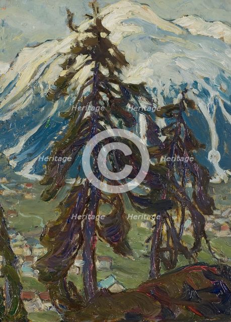 Fir Trees in front of the Mountains. Study from North Norway, c1900s. Creator: Anna Katarina Boberg.