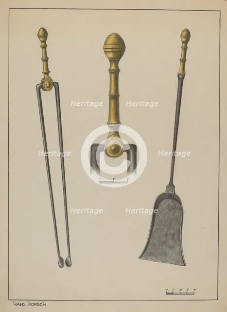 Fire Tongs and Shovel, c. 1937. Creator: Hans Korsch.