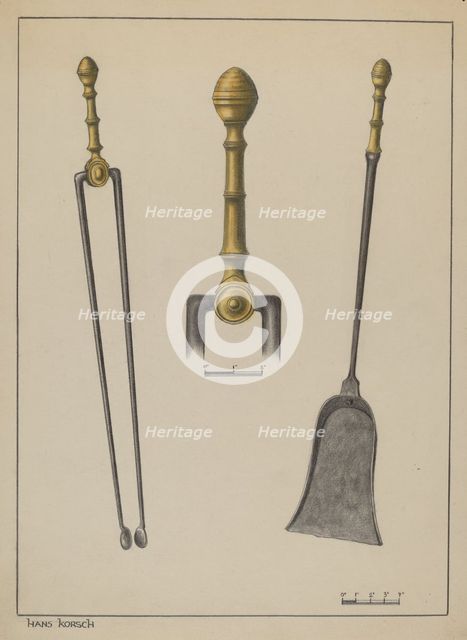 Fire Tongs and Shovel, c. 1937. Creator: Hans Korsch.
