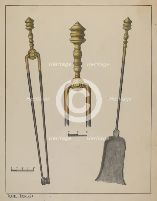 Fire Tongs and Shovel, c. 1937. Creator: Hans Korsch.