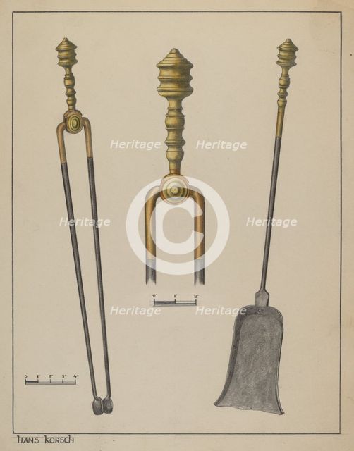 Fire Tongs and Shovel, c. 1937. Creator: Hans Korsch.