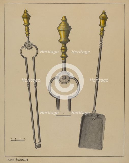 Fire Tongs and Shovel, c. 1937. Creator: Hans Korsch.