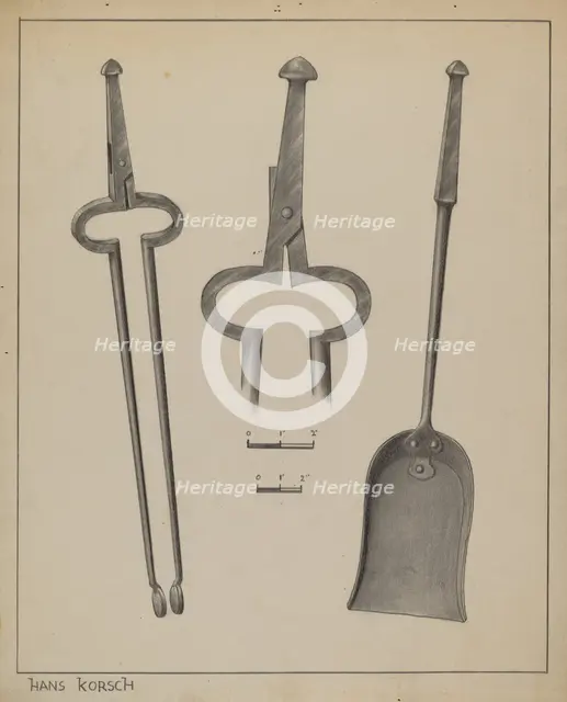 Fire Tongs and Shovel, c. 1937. Creator: Hans Korsch.