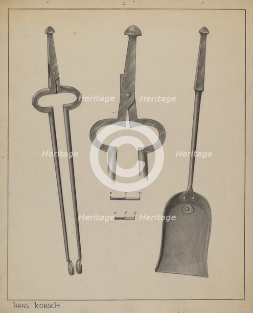 Fire Tongs and Shovel, c. 1937. Creator: Hans Korsch.