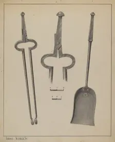Fire Tongs and Shovel, c. 1937. Creator: Hans Korsch