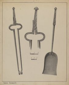 Fire Tongs and Shovel, c. 1937. Creator: Hans Korsch