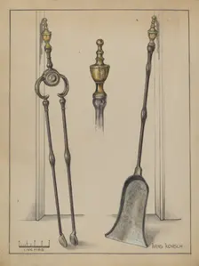 Fire Tongs, Shovel, and Jamb Hooks, c. 1936. Creator: Hans Korsch