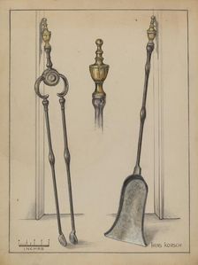 Fire Tongs, Shovel, and Jamb Hooks, c. 1936. Creator: Hans Korsch