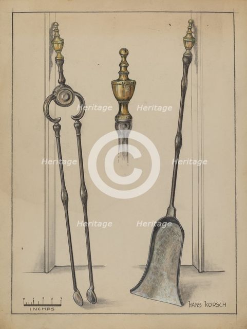 Fire Tongs, Shovel, and Jamb Hooks, c. 1936. Creator: Hans Korsch.