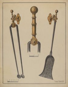 Fire Tongs, Shovel, and Jamb Hooks, c. 1937. Creator: Hans Korsch