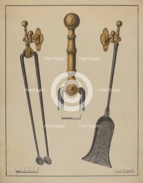 Fire Tongs, Shovel, and Jamb Hooks, c. 1937. Creator: Hans Korsch.