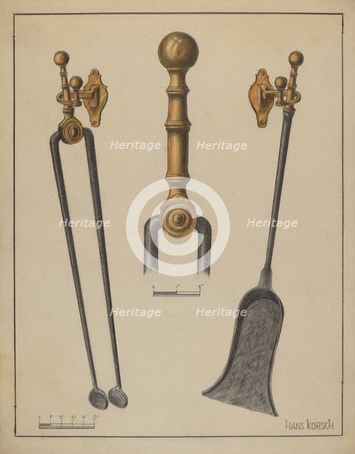 Fire Tongs, Shovel, and Jamb Hooks, c. 1937. Creator: Hans Korsch.