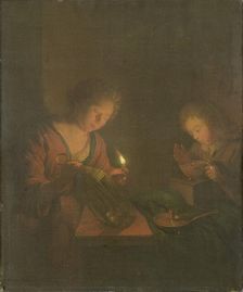 Fire and Light (A Girl Places a Candle in a Lantern and a Boy Blows on the Coals..., 1690-1706. Creator: Godfried Schalcken