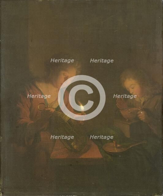 Fire and Light (A Girl Places a Candle in a Lantern and a Boy Blows on the Coals..., 1690-1706. Creator: Godfried Schalcken.