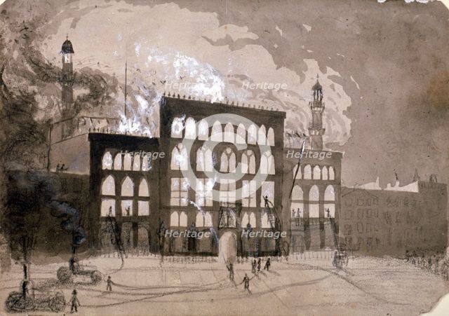 Fire at the Alhambra Theatre, Leicester Square, London, 1882 (1883). Artist: William Dickes
