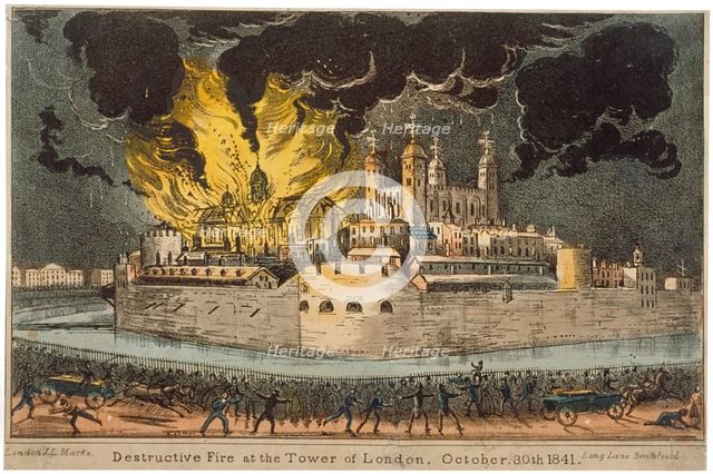 Fire at the Armoury in the Tower of London, 30 October 1841. Artist: Anon