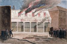 Fire at the Olympic Theatre, Wych Street, Westminster, London, 1849. Artist: J Maund