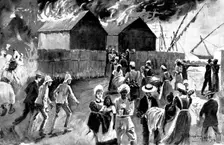Fire at the Modykhana Plague Hospital: nurses saving the native patients, 1898. Creator: Unknown