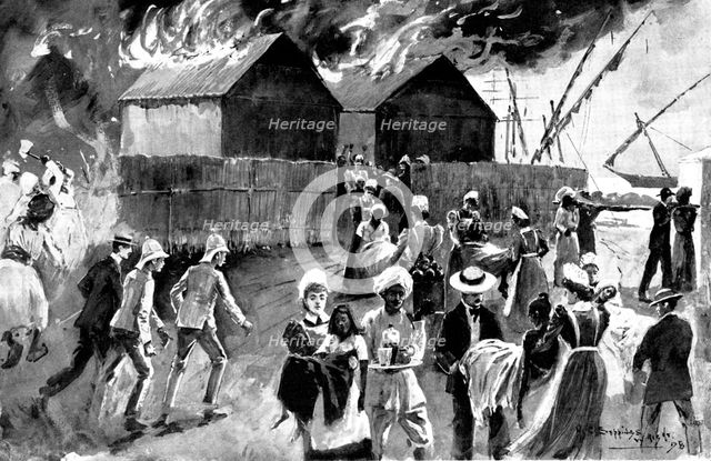 Fire at the Modykhana Plague Hospital: nurses saving the native patients, 1898.  Creator: Unknown.