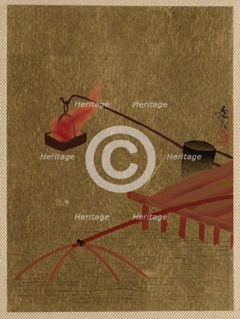 Fire Basket Suspended from Dock over a Fish Net in the Water. Creator: Shibata Zeshin.