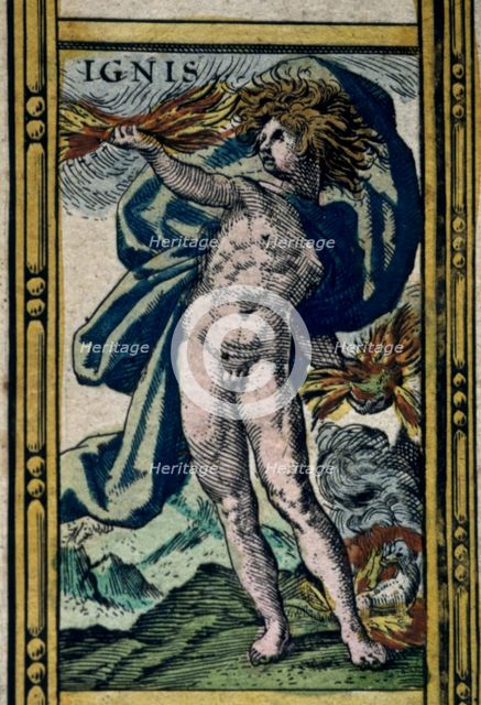  'Fire', coloured engraving from the book 'Le Theatre du monde' or 'Nouvel Atlas', 1645, created,…
