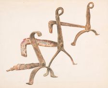 Fire Dogs or Andirons, c. 1938. Creator: Frank J Mace