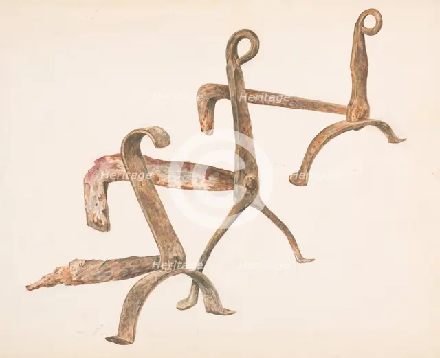 Fire Dogs or Andirons, c. 1938. Creator: Frank J Mace.