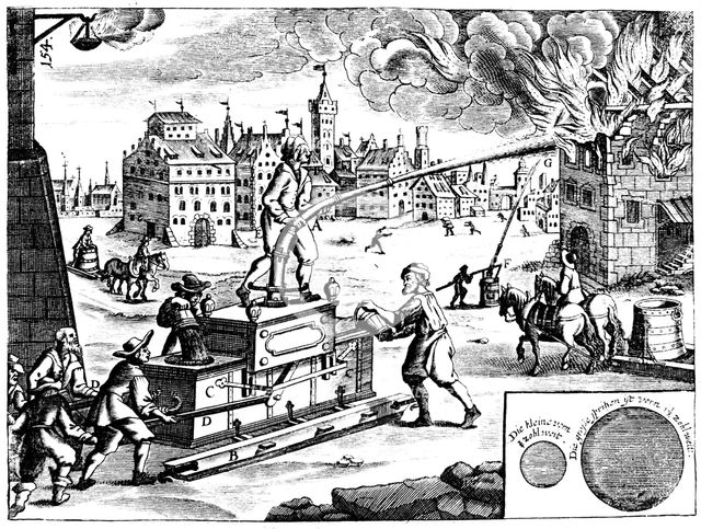 Fire engine, from Georg Andreas Bockler's Theatrum Machinarum Novum, 1673. Artist: Georg Andreas Bockler