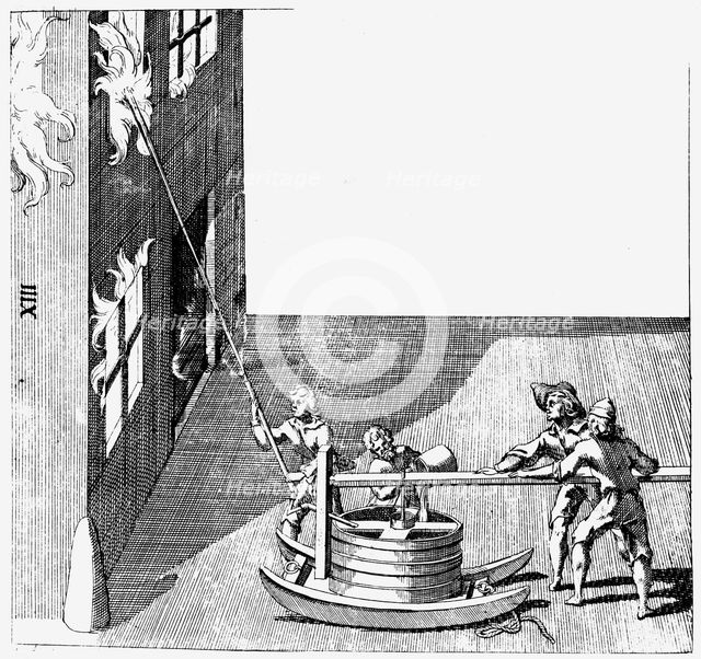 Fire engine, from Isaac de Caus' Nouvelle Invention de Lever l'Eau Plus Hault, 1664. Artist: Isaac de Caus