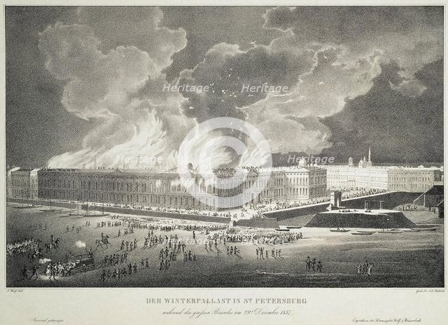 Fire in the Winter Palace on December 29, 1837, c.1838. Artist: Wolf, Franz (1795-1859)