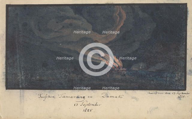 Fire in a landscape in Central Java, 1825, (1825).  Creator: Anon.