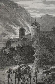 Fire of Peralada in 1285, ordered by its own lord, Dalmau de Rocabertí (d1304) when leaving...1890. Creator: Joan Serra y Pausas