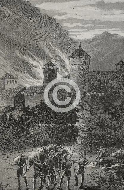 Fire of Peralada in 1285, ordered by its own lord, Dalmau de Rocabertí (d1304) when leaving...1890.  Creator: Joan Serra y Pausas.