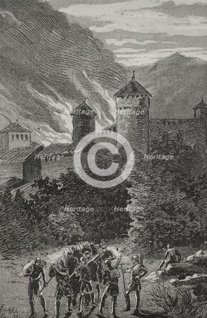 Fire of Peralada in 1285, ordered by its own lord, Dalmau de Rocabertí (d1304) when leaving...1890.  Creator: Joan Serra y Pausas.