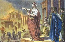 Fire of Rome ordered by the Emperor Nero in 64 AD, coloured engraving