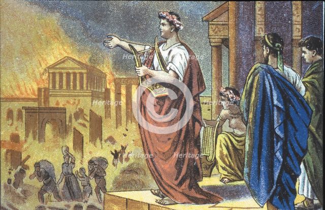 Fire of Rome ordered by the Emperor Nero in 64 AD, coloured engraving.
