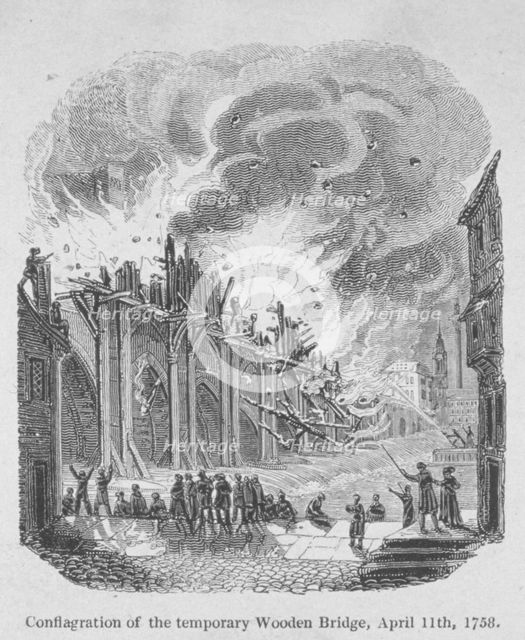 Fire on London Bridge, 1758. Artist: Anon
