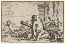Fire, represented by Venus seated before Vulcan's forge, with armor, a cannon, and cann..., 1640-60. Creator: Giulio Carpioni