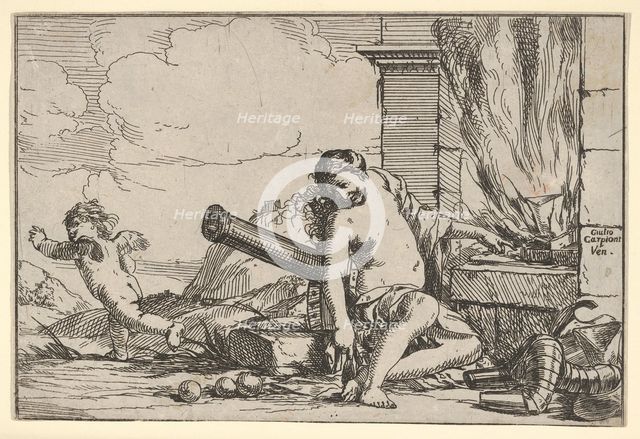 Fire, represented by Venus seated before Vulcan's forge, with armor, a cannon, and cann..., 1640-60. Creator: Giulio Carpioni.