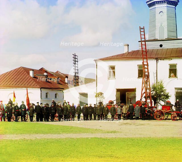 Fire squad in the city of Vytegra [Russian Empire], 1909. Creator: Sergey Mikhaylovich Prokudin-Gorsky.