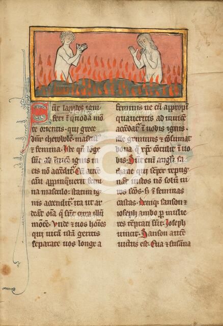 Fire Stones with a Naked Man and Woman; De Natura Avium; De Pastoribus et Ovibus, 1277 or after. Creator: Unknown.