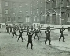 Firemen carrying out scaling ladder drill, London Fire Brigade Headquarters, 1910