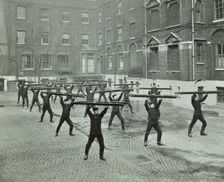 Firemen carrying out scaling ladder drill, London Fire Brigade Headquarters, 1910