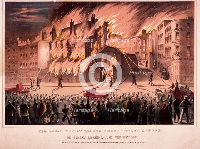 Firemen fighting the blaze at the Cotton's Wharf Fire, Bermondsey, London, 1861. Artist: Anon