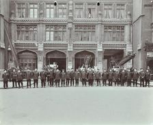 Firemen lined up outside Bishopsgate Fire Station, Bishopsgate, City of London, 1908