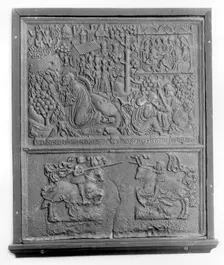 Fireback with New Testament Scenes and Two Knights Jousting, German, 1520. Creator: Unknown