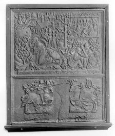 Fireback with New Testament Scenes and Two Knights Jousting, German, 1520. Creator: Unknown
