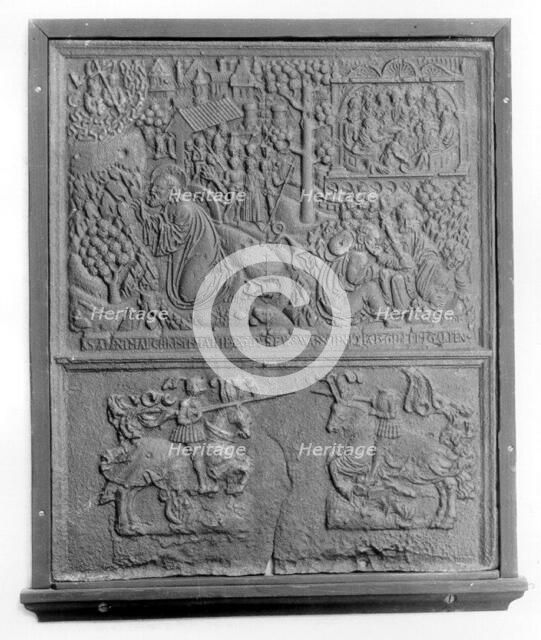 Fireback with New Testament Scenes and Two Knights Jousting, German, 1520. Creator: Unknown.