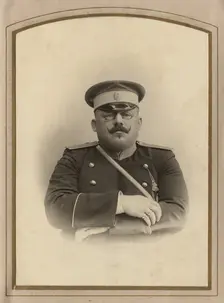 Firefighter A.F. Domishkevich in uniform, late 19th cent - early 20th cent. Creator: Til Serebrin